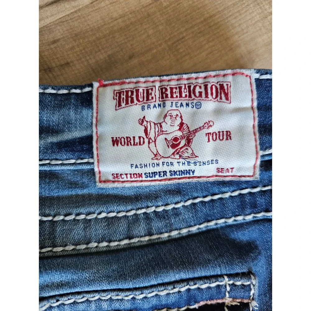 True Religion Super Skinny Mens Blue Distressed Jeans Size 33 White Stitching